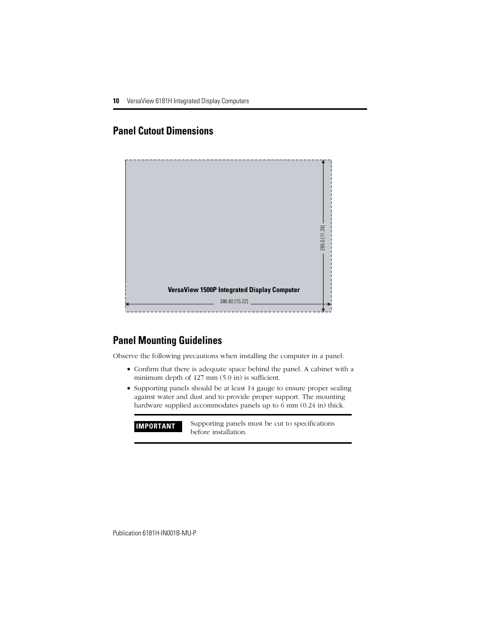 Panel cutout dimensions, Panel mounting guidelines, Panel cutout dimensions panel mounting guidelines | Rockwell Automation 6181X-15xxxxxxx VersaView 6181X-IN001B-MU-P User Manual | Page 10 / 104