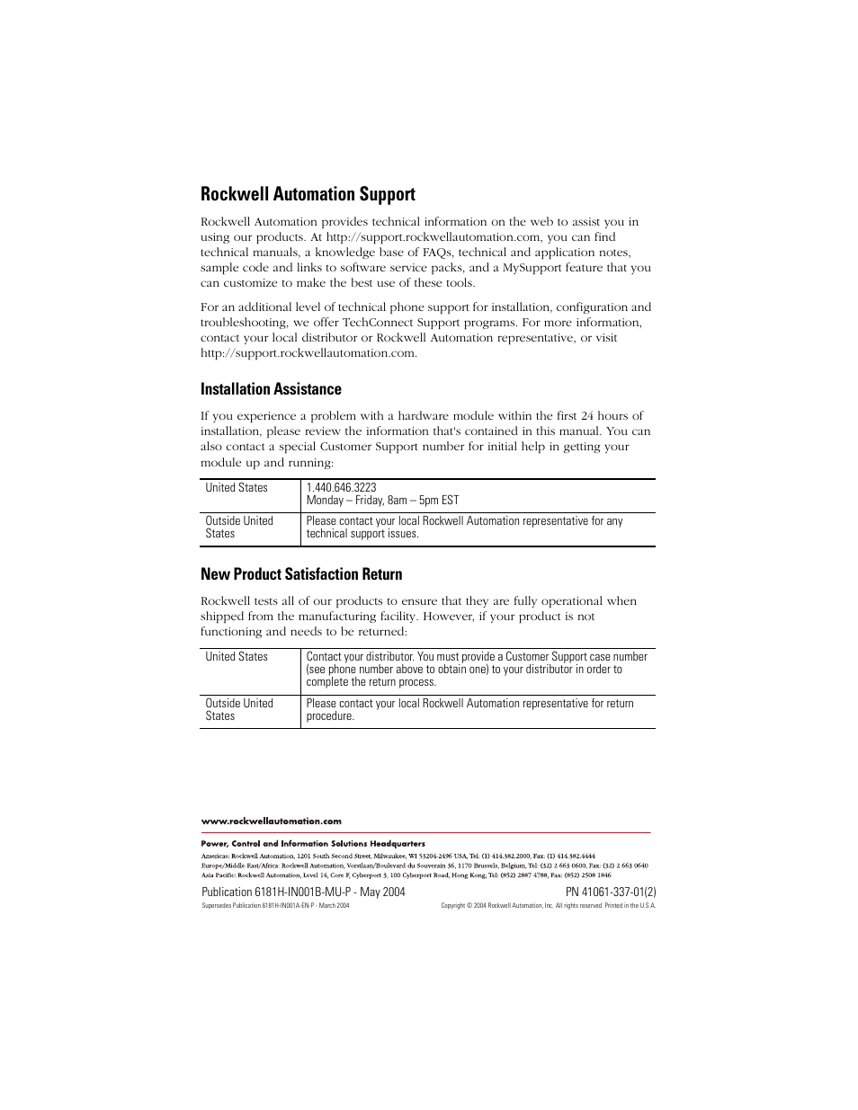 Back cover, Rockwell automation support, Installation assistance | New product satisfaction return | Rockwell Automation 6181X-15xxxxxxx VersaView 6181X-IN001B-MU-P User Manual | Page 104 / 104