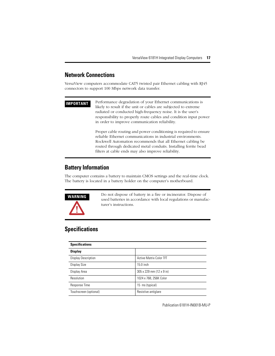 Network connections, Battery information, Specifications | Rockwell Automation 6181X-15xxxxxxx VersaView 6181X-IN001B-MU-P User Manual | Page 17 / 104