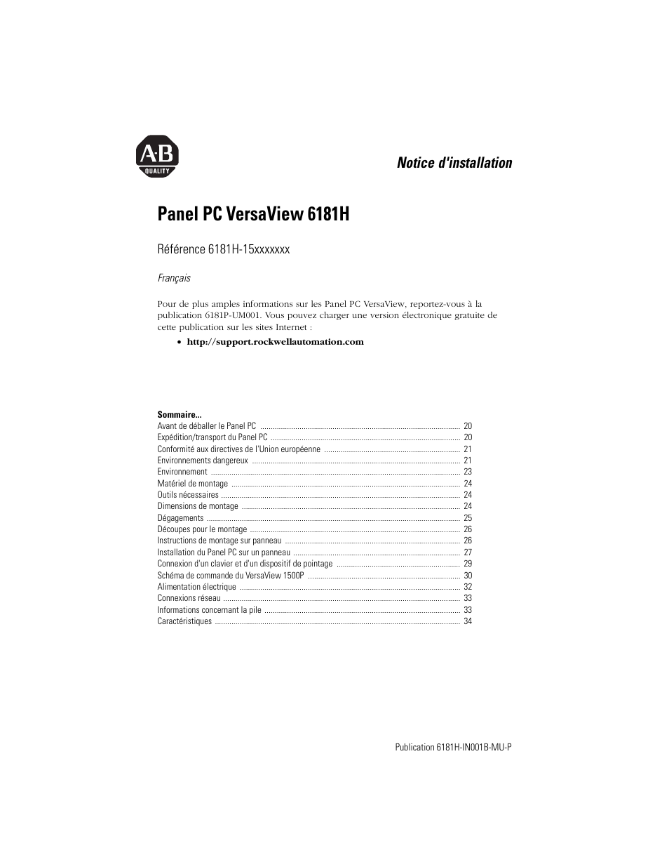 Français, Panel pc versaview 6181h, Notice d'installation | Rockwell Automation 6181X-15xxxxxxx VersaView 6181X-IN001B-MU-P User Manual | Page 19 / 104
