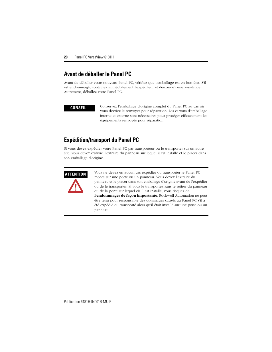 Avant de déballer le panel pc, Expédition/transport du panel pc | Rockwell Automation 6181X-15xxxxxxx VersaView 6181X-IN001B-MU-P User Manual | Page 20 / 104