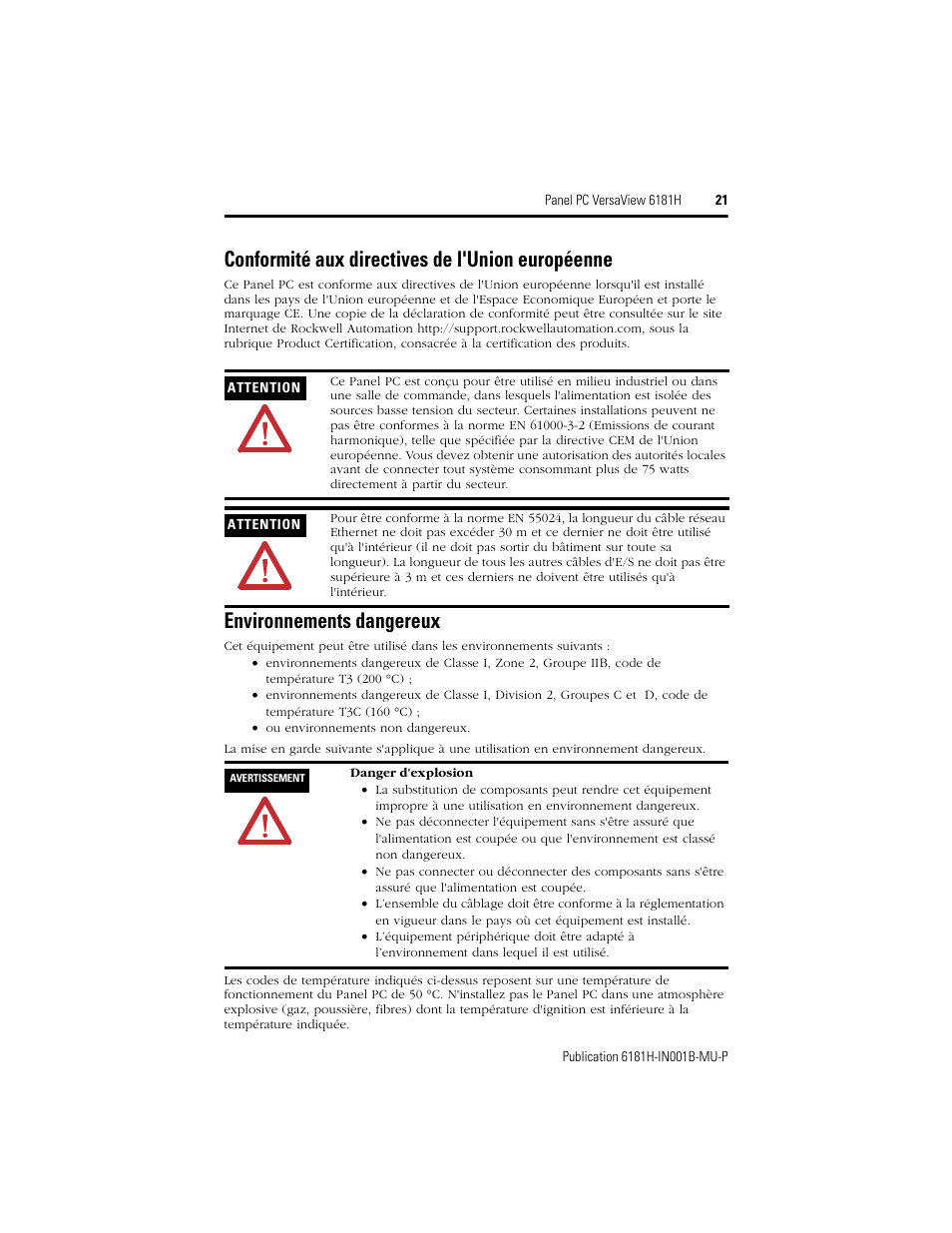 Conformité aux directives de l'union européenne, Environnements dangereux | Rockwell Automation 6181X-15xxxxxxx VersaView 6181X-IN001B-MU-P User Manual | Page 21 / 104