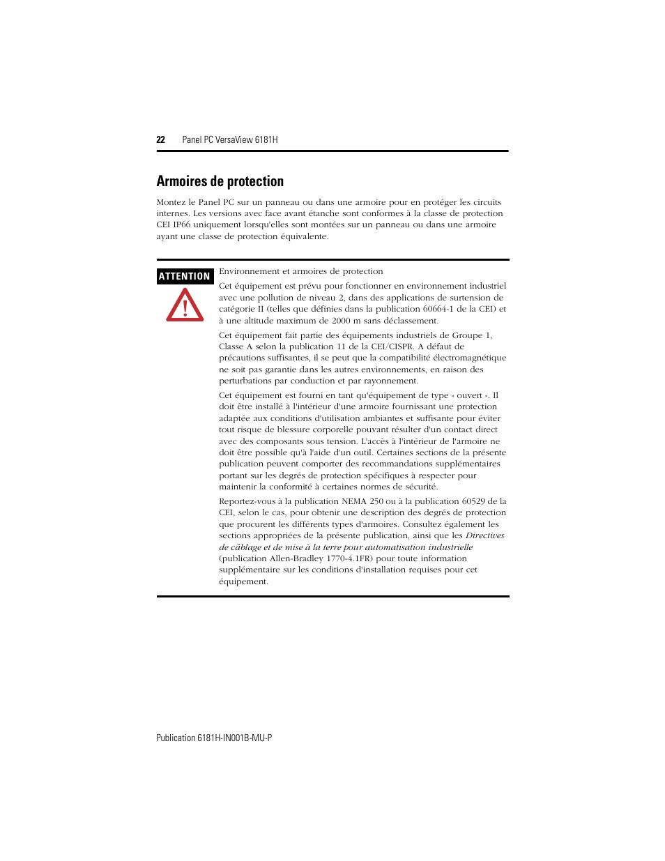 Armoires de protection | Rockwell Automation 6181X-15xxxxxxx VersaView 6181X-IN001B-MU-P User Manual | Page 22 / 104
