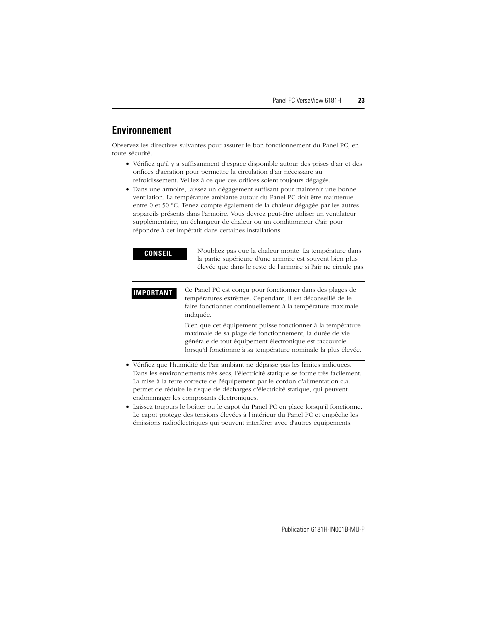 Environnement | Rockwell Automation 6181X-15xxxxxxx VersaView 6181X-IN001B-MU-P User Manual | Page 23 / 104