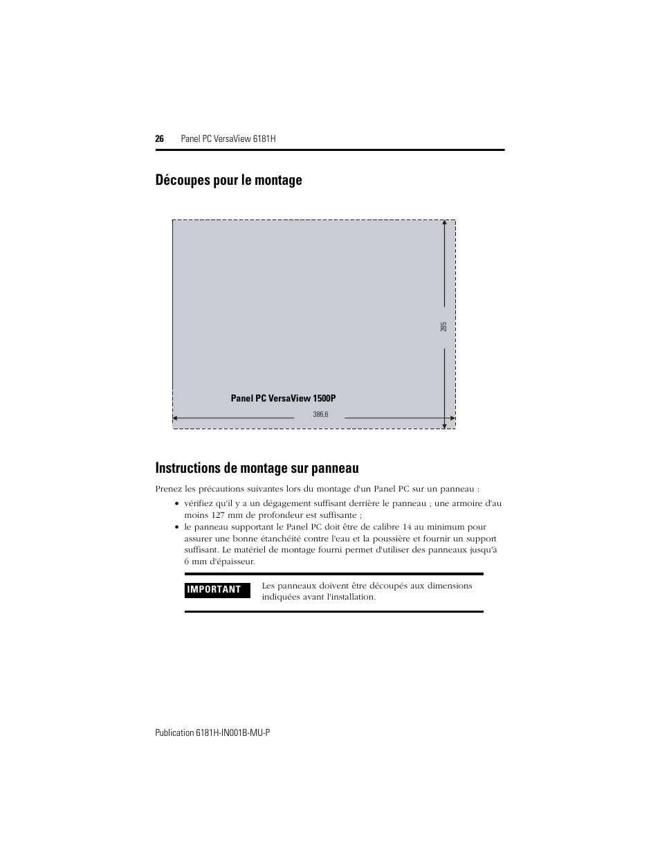 Découpes pour le montage, Instructions de montage sur panneau | Rockwell Automation 6181X-15xxxxxxx VersaView 6181X-IN001B-MU-P User Manual | Page 26 / 104