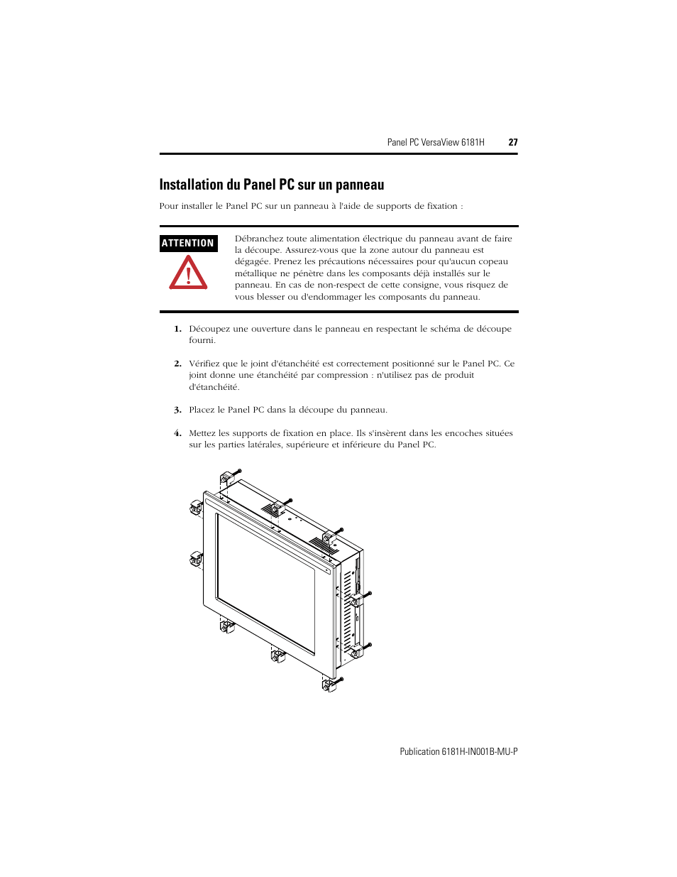 Installation du panel pc sur un panneau | Rockwell Automation 6181X-15xxxxxxx VersaView 6181X-IN001B-MU-P User Manual | Page 27 / 104