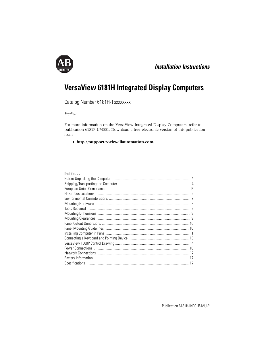 English, Versaview 6181h integrated display computers, Installation instructions | Rockwell Automation 6181X-15xxxxxxx VersaView 6181X-IN001B-MU-P User Manual | Page 3 / 104