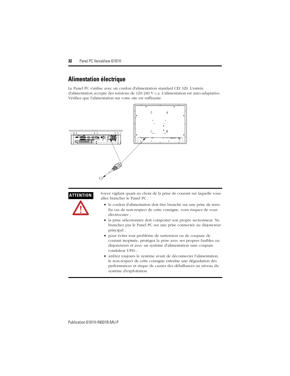 Alimentation électrique | Rockwell Automation 6181X-15xxxxxxx VersaView 6181X-IN001B-MU-P User Manual | Page 32 / 104