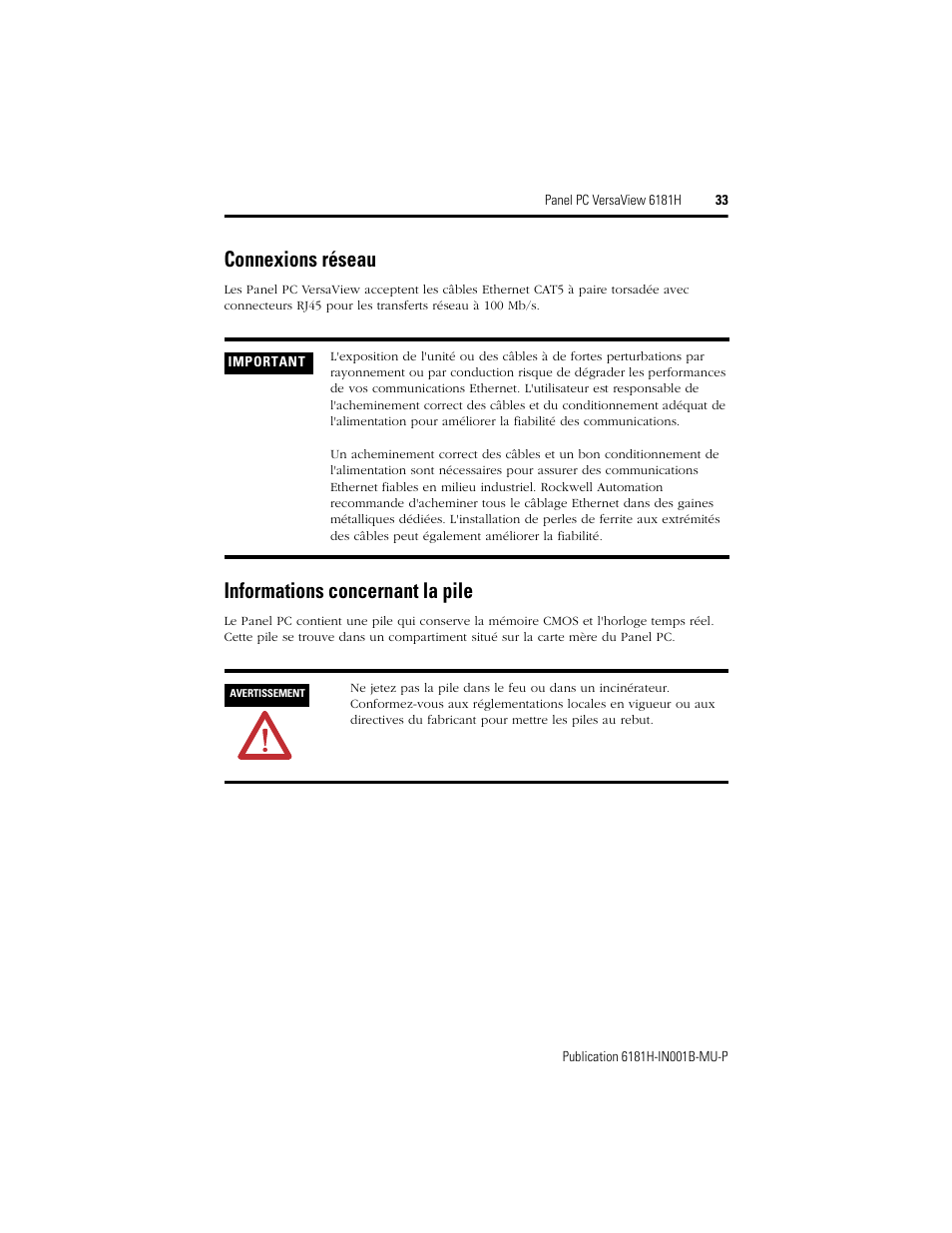 Connexions réseau, Informations concernant la pile, Connexions réseau informations concernant la pile | Rockwell Automation 6181X-15xxxxxxx VersaView 6181X-IN001B-MU-P User Manual | Page 33 / 104