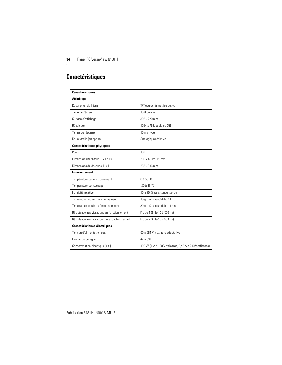Caractéristiques | Rockwell Automation 6181X-15xxxxxxx VersaView 6181X-IN001B-MU-P User Manual | Page 34 / 104
