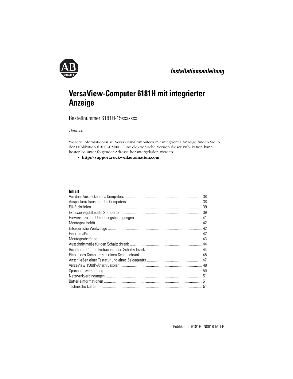 Deutsch, Versaview-computer 6181h mit integrierter anzeige, Installationsanleitung | Rockwell Automation 6181X-15xxxxxxx VersaView 6181X-IN001B-MU-P User Manual | Page 37 / 104