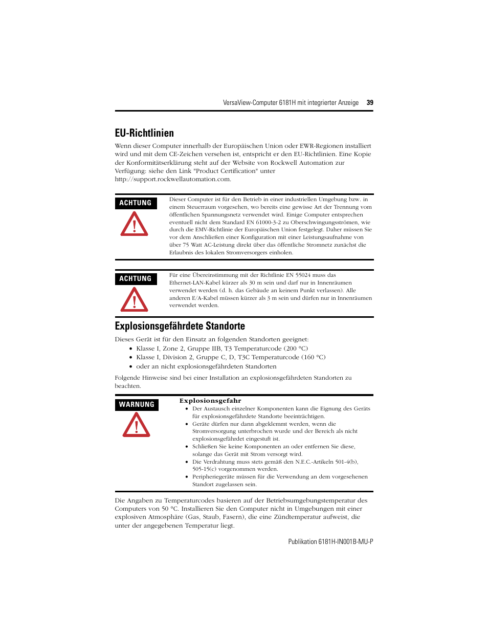 Eu-richtlinien, Explosionsgefährdete standorte, Eu-richtlinien explosionsgefährdete standorte | Rockwell Automation 6181X-15xxxxxxx VersaView 6181X-IN001B-MU-P User Manual | Page 39 / 104
