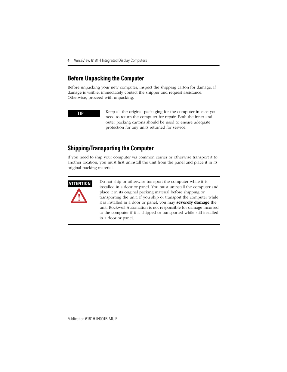 Before unpacking the computer, Shipping/transporting the computer | Rockwell Automation 6181X-15xxxxxxx VersaView 6181X-IN001B-MU-P User Manual | Page 4 / 104