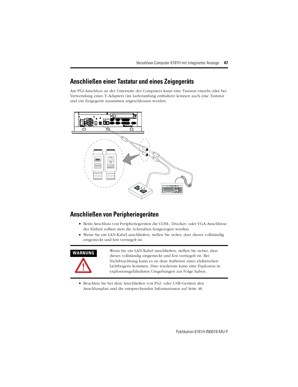 Anschließen einer tastatur und eines zeigegeräts, Anschließen von peripheriegeräten | Rockwell Automation 6181X-15xxxxxxx VersaView 6181X-IN001B-MU-P User Manual | Page 47 / 104