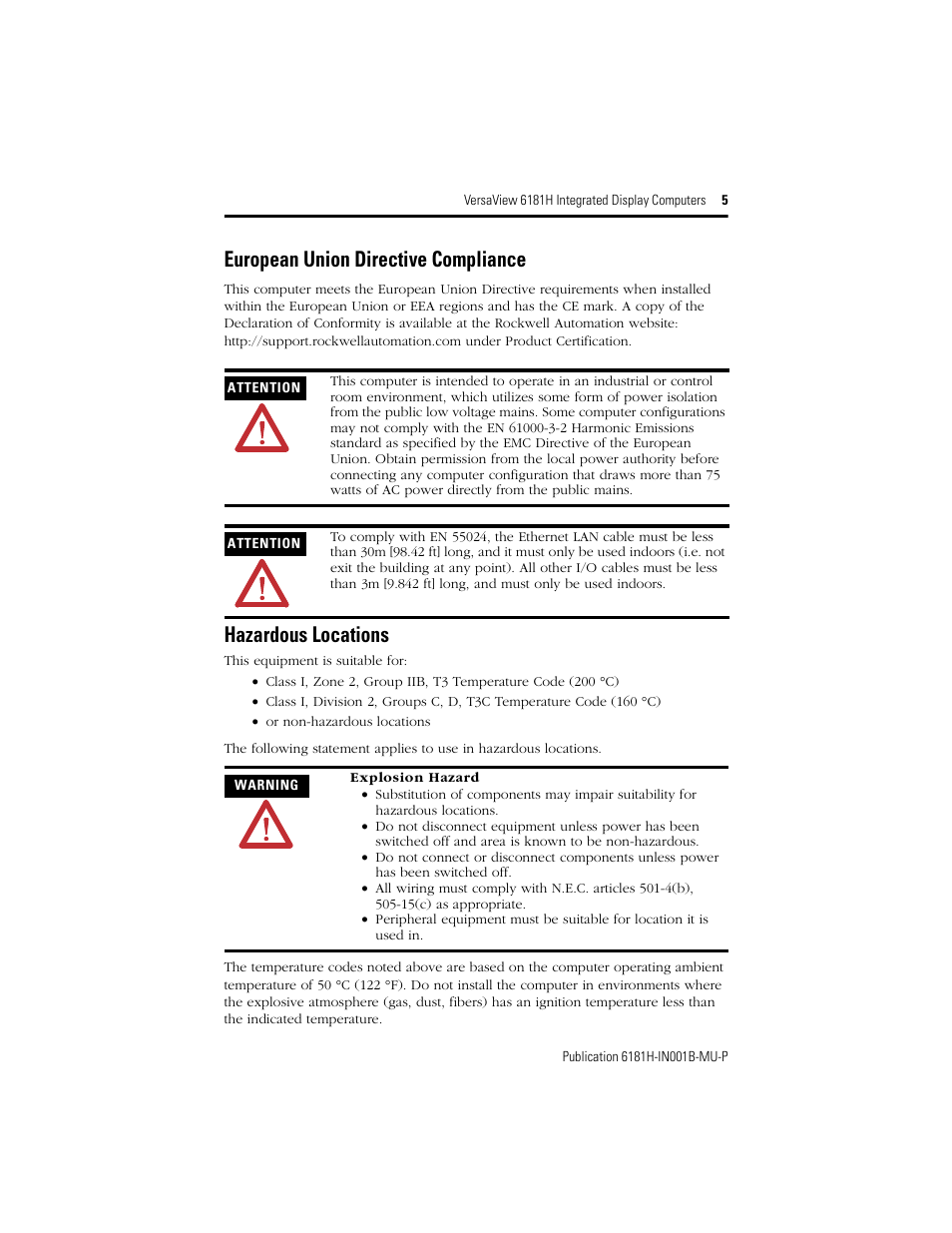 European union directive compliance, Hazardous locations, European union compliance hazardous locations | Rockwell Automation 6181X-15xxxxxxx VersaView 6181X-IN001B-MU-P User Manual | Page 5 / 104