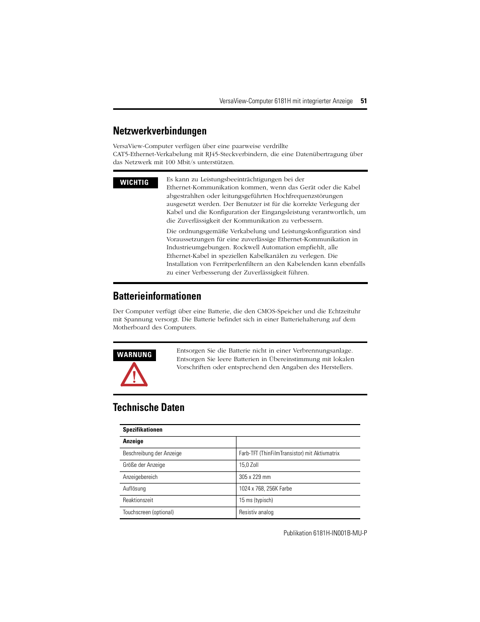 Netzwerkverbindungen, Batterieinformationen, Technische daten | Rockwell Automation 6181X-15xxxxxxx VersaView 6181X-IN001B-MU-P User Manual | Page 51 / 104