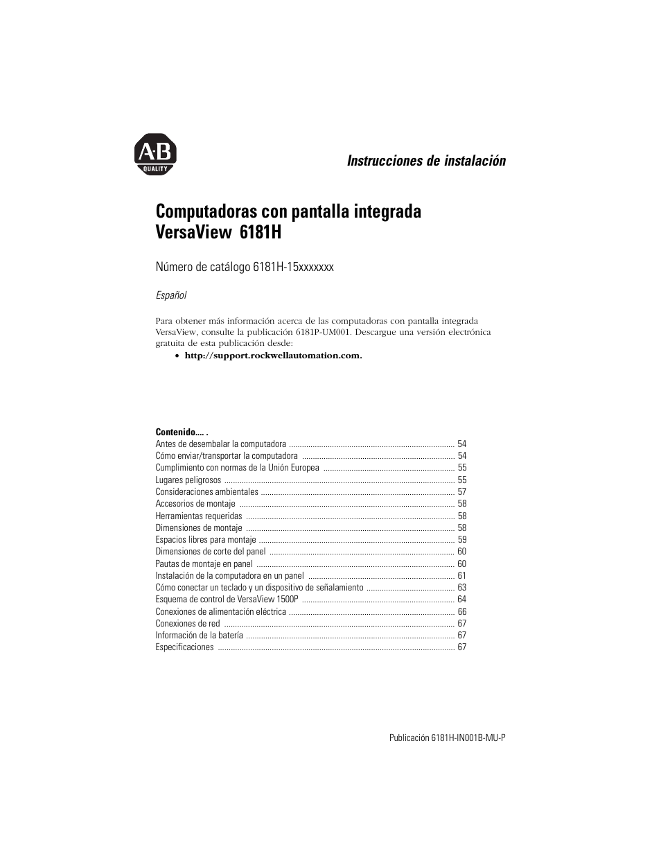 Español, Instrucciones de instalación | Rockwell Automation 6181X-15xxxxxxx VersaView 6181X-IN001B-MU-P User Manual | Page 53 / 104