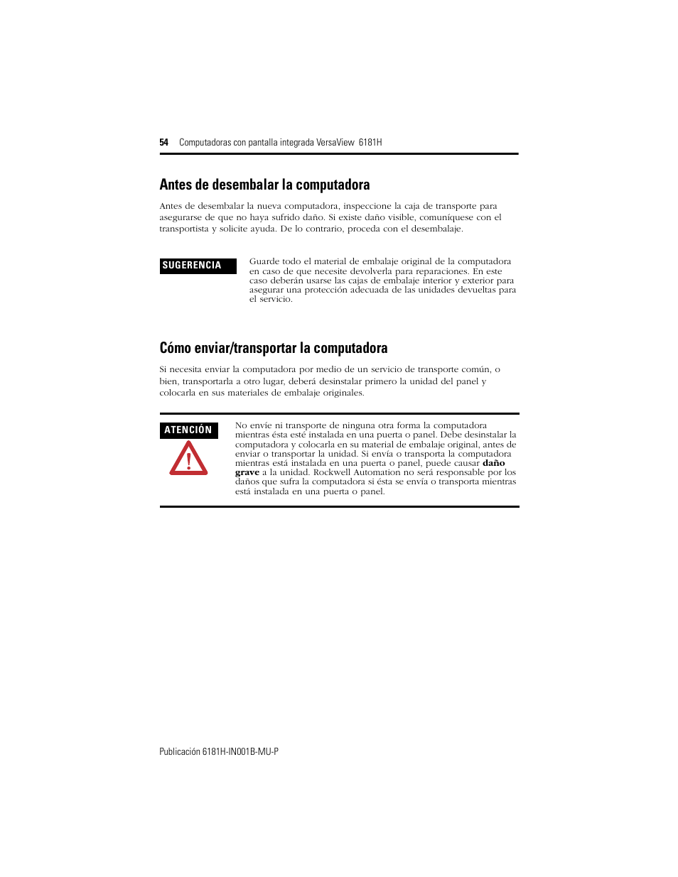 Antes de desembalar la computadora, Cómo enviar/transportar la computadora | Rockwell Automation 6181X-15xxxxxxx VersaView 6181X-IN001B-MU-P User Manual | Page 54 / 104