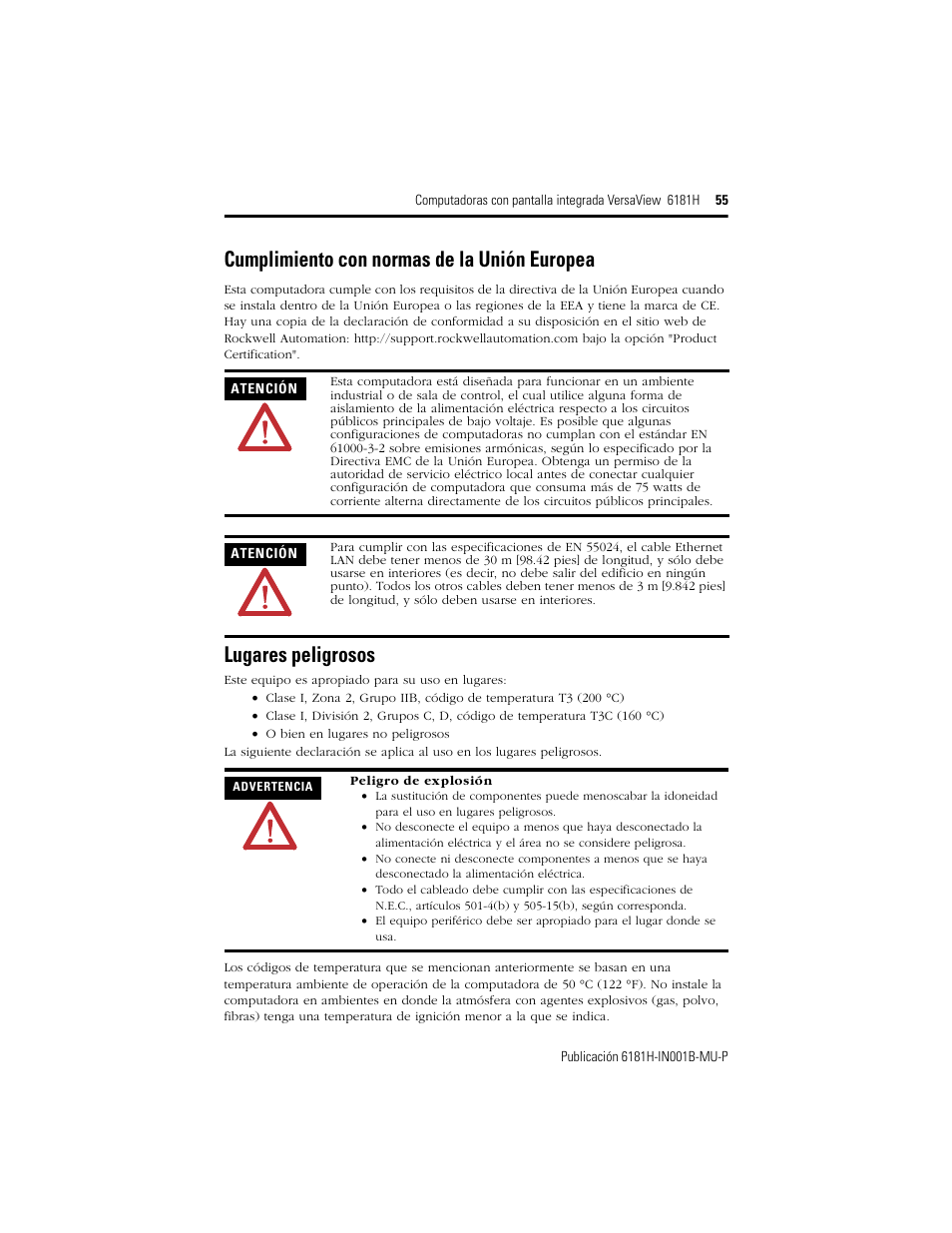 Cumplimiento con normas de la unión europea, Lugares peligrosos | Rockwell Automation 6181X-15xxxxxxx VersaView 6181X-IN001B-MU-P User Manual | Page 55 / 104