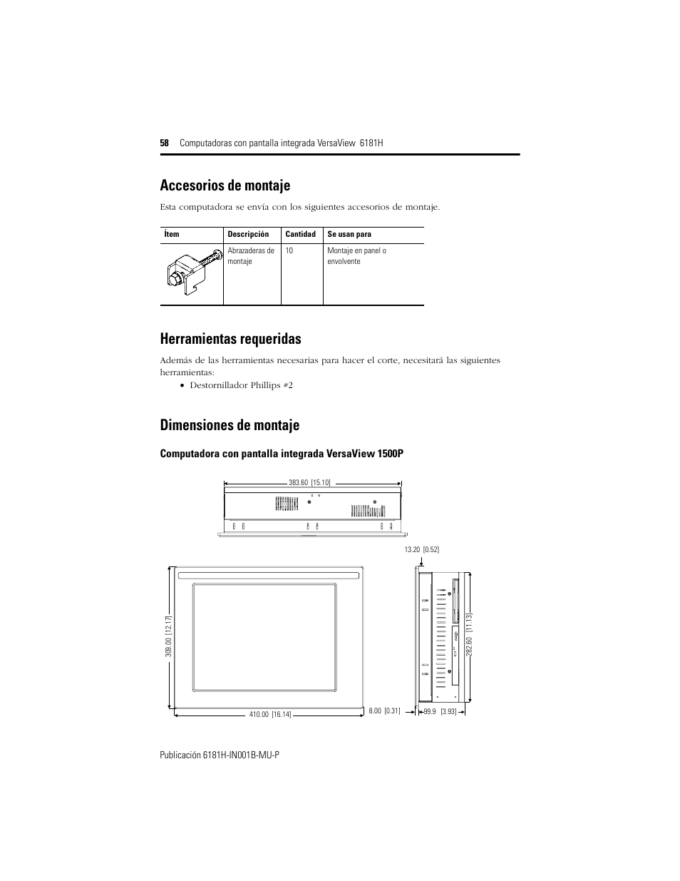 Accesorios de montaje, Herramientas requeridas, Dimensiones de montaje | Rockwell Automation 6181X-15xxxxxxx VersaView 6181X-IN001B-MU-P User Manual | Page 58 / 104