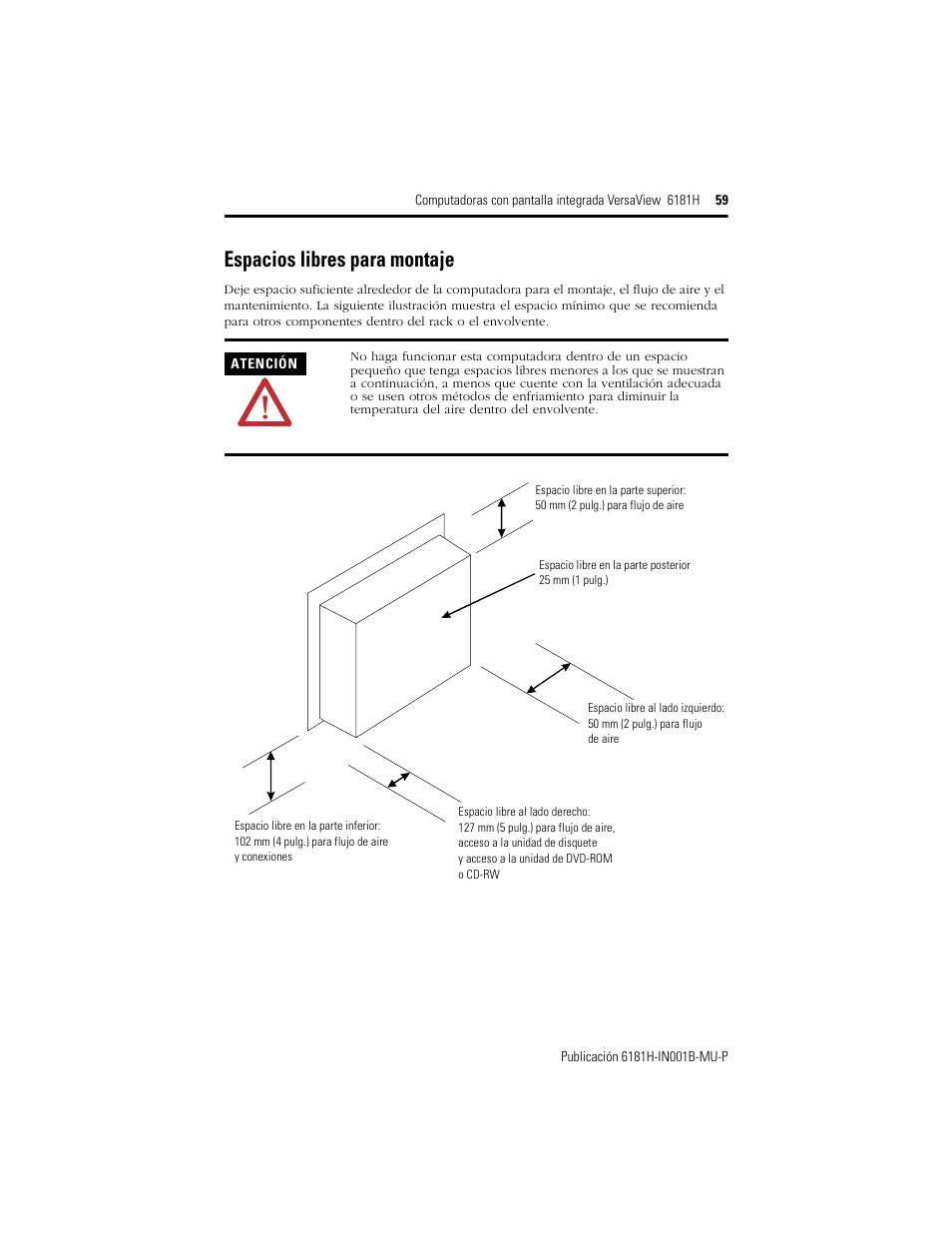 Espacios libres para montaje | Rockwell Automation 6181X-15xxxxxxx VersaView 6181X-IN001B-MU-P User Manual | Page 59 / 104