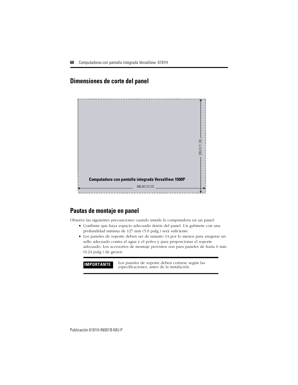 Dimensiones de corte del panel, Pautas de montaje en panel | Rockwell Automation 6181X-15xxxxxxx VersaView 6181X-IN001B-MU-P User Manual | Page 60 / 104