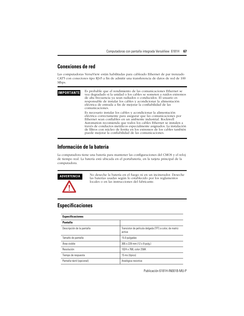 Conexiones de red, Información de la batería, Especificaciones | Rockwell Automation 6181X-15xxxxxxx VersaView 6181X-IN001B-MU-P User Manual | Page 67 / 104