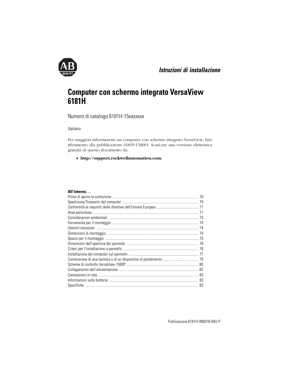 Italiano, Computer con schermo integrato versaview 6181h, Istruzioni di installazione | Rockwell Automation 6181X-15xxxxxxx VersaView 6181X-IN001B-MU-P User Manual | Page 69 / 104