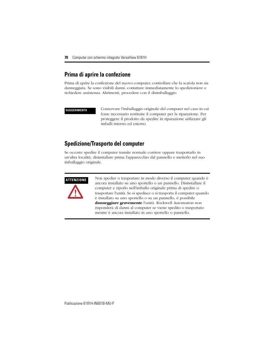 Prima di aprire la confezione, Spedizione/trasporto del computer | Rockwell Automation 6181X-15xxxxxxx VersaView 6181X-IN001B-MU-P User Manual | Page 70 / 104