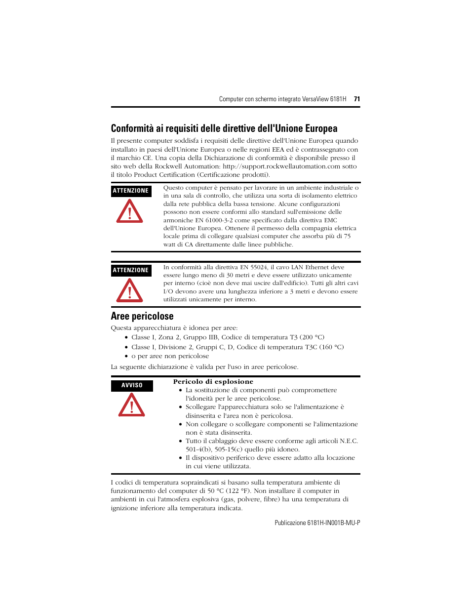 Aree pericolose | Rockwell Automation 6181X-15xxxxxxx VersaView 6181X-IN001B-MU-P User Manual | Page 71 / 104