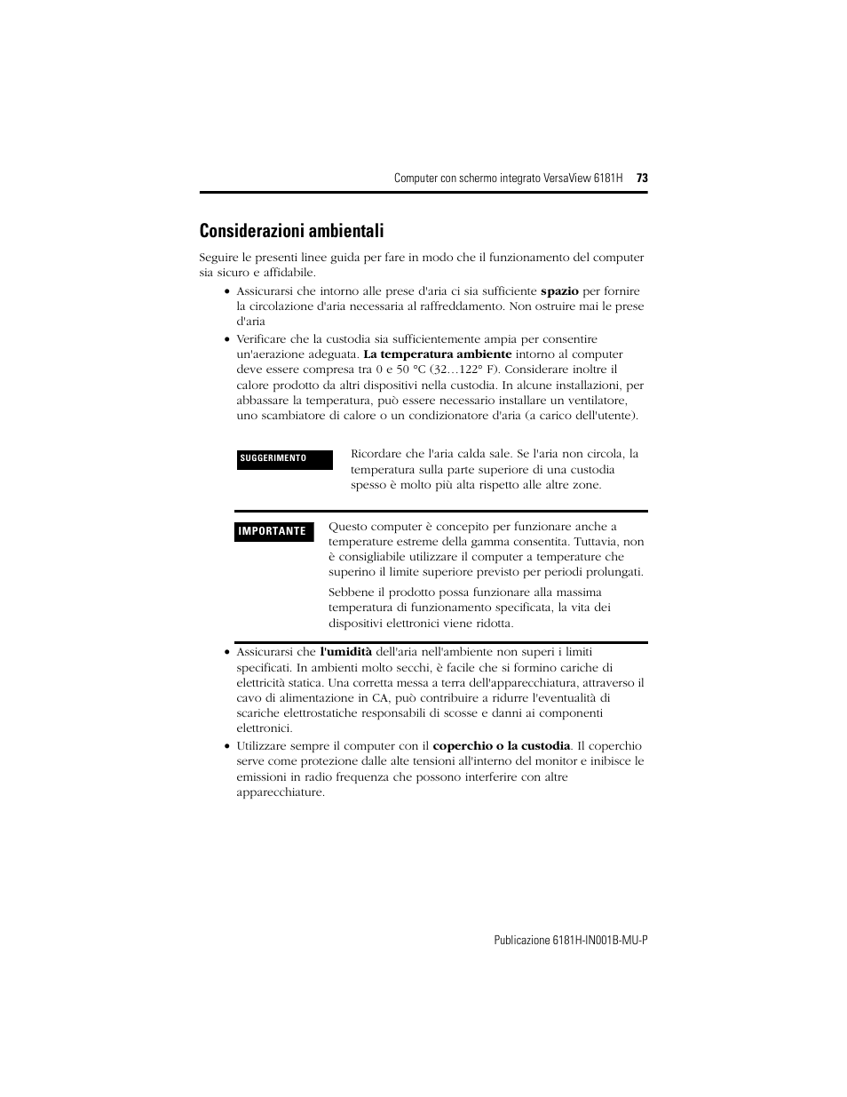 Considerazioni ambientali | Rockwell Automation 6181X-15xxxxxxx VersaView 6181X-IN001B-MU-P User Manual | Page 73 / 104