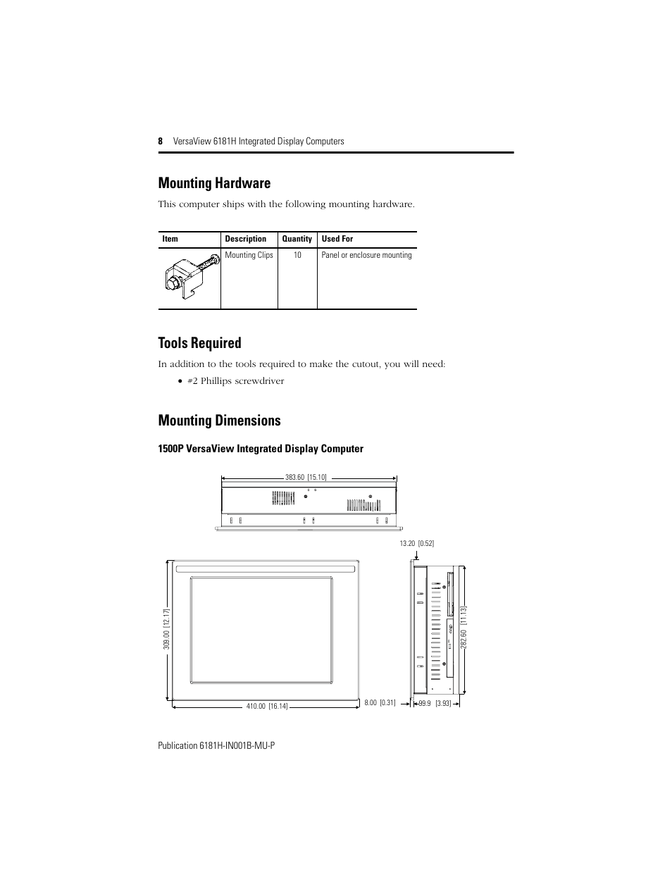 Mounting hardware, Tools required, Mounting dimensions | Rockwell Automation 6181X-15xxxxxxx VersaView 6181X-IN001B-MU-P User Manual | Page 8 / 104