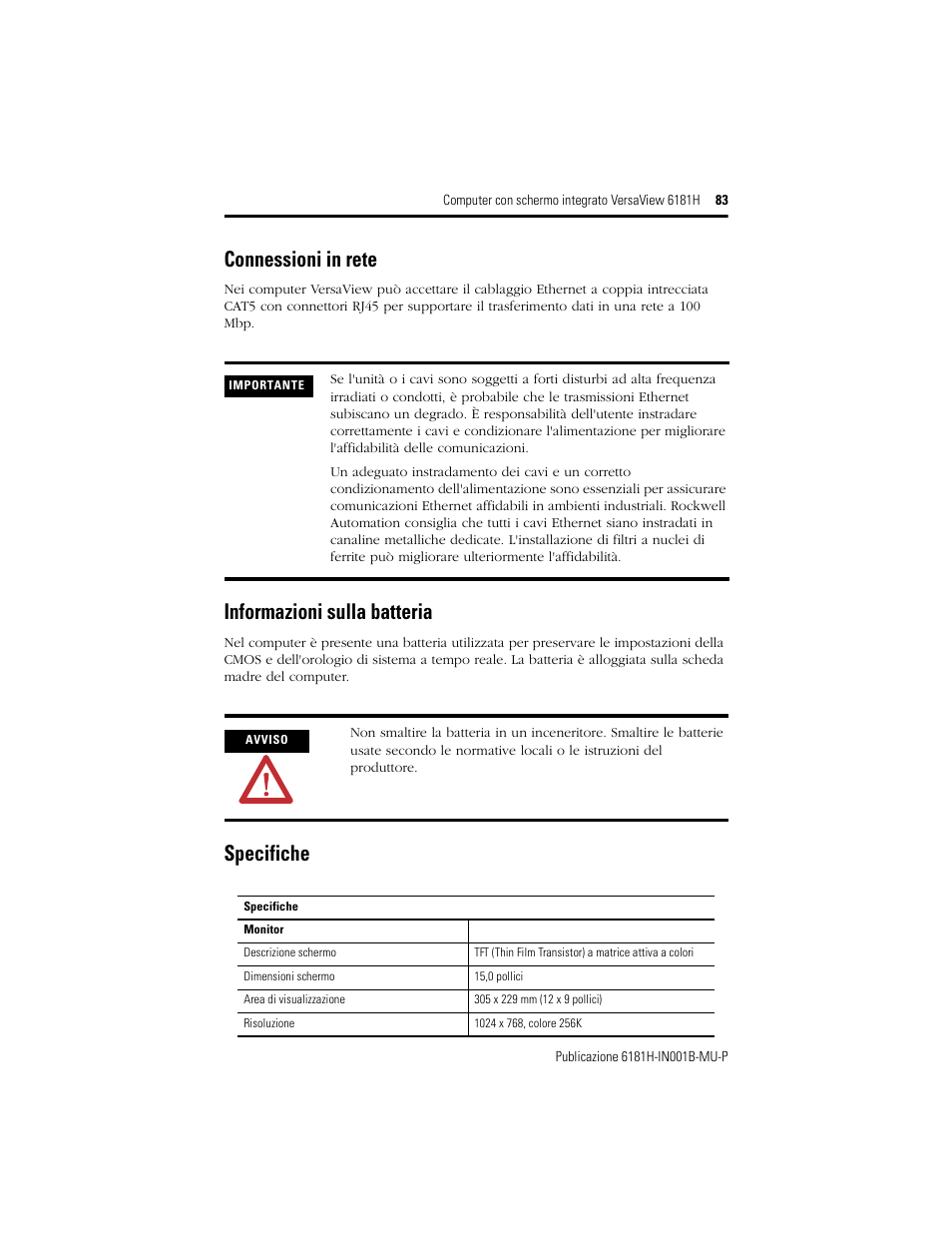 Connessioni in rete, Informazioni sulla batteria, Specifiche | Rockwell Automation 6181X-15xxxxxxx VersaView 6181X-IN001B-MU-P User Manual | Page 83 / 104