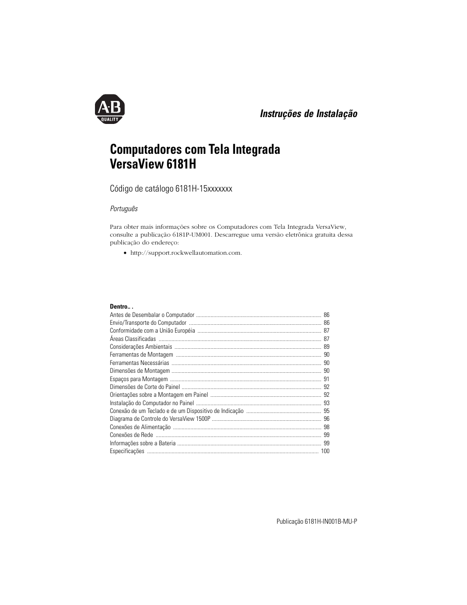 Português, Computadores com tela integrada versaview 6181h, Instruções de instalação | Rockwell Automation 6181X-15xxxxxxx VersaView 6181X-IN001B-MU-P User Manual | Page 85 / 104