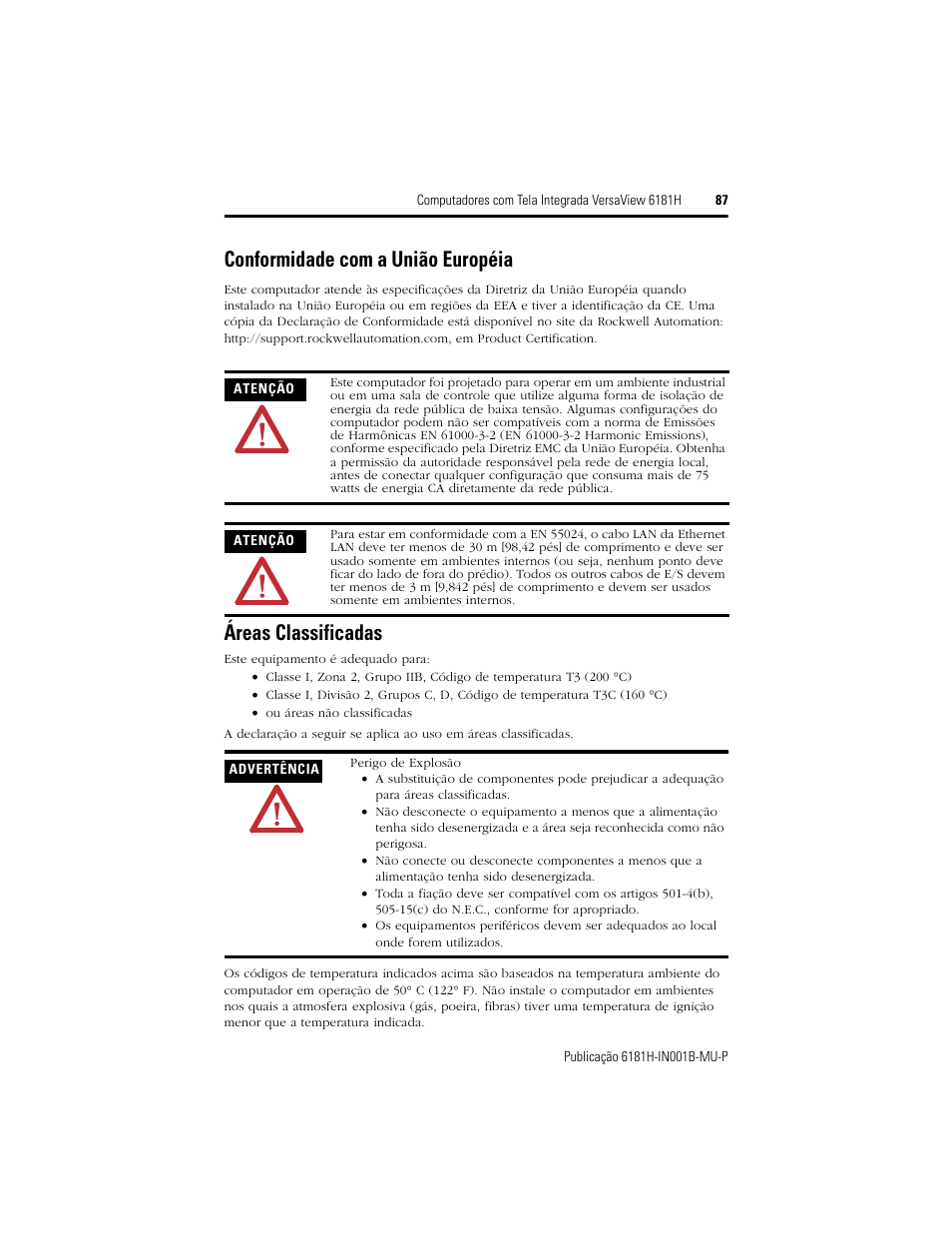 Conformidade com a união européia, Áreas classificadas | Rockwell Automation 6181X-15xxxxxxx VersaView 6181X-IN001B-MU-P User Manual | Page 87 / 104