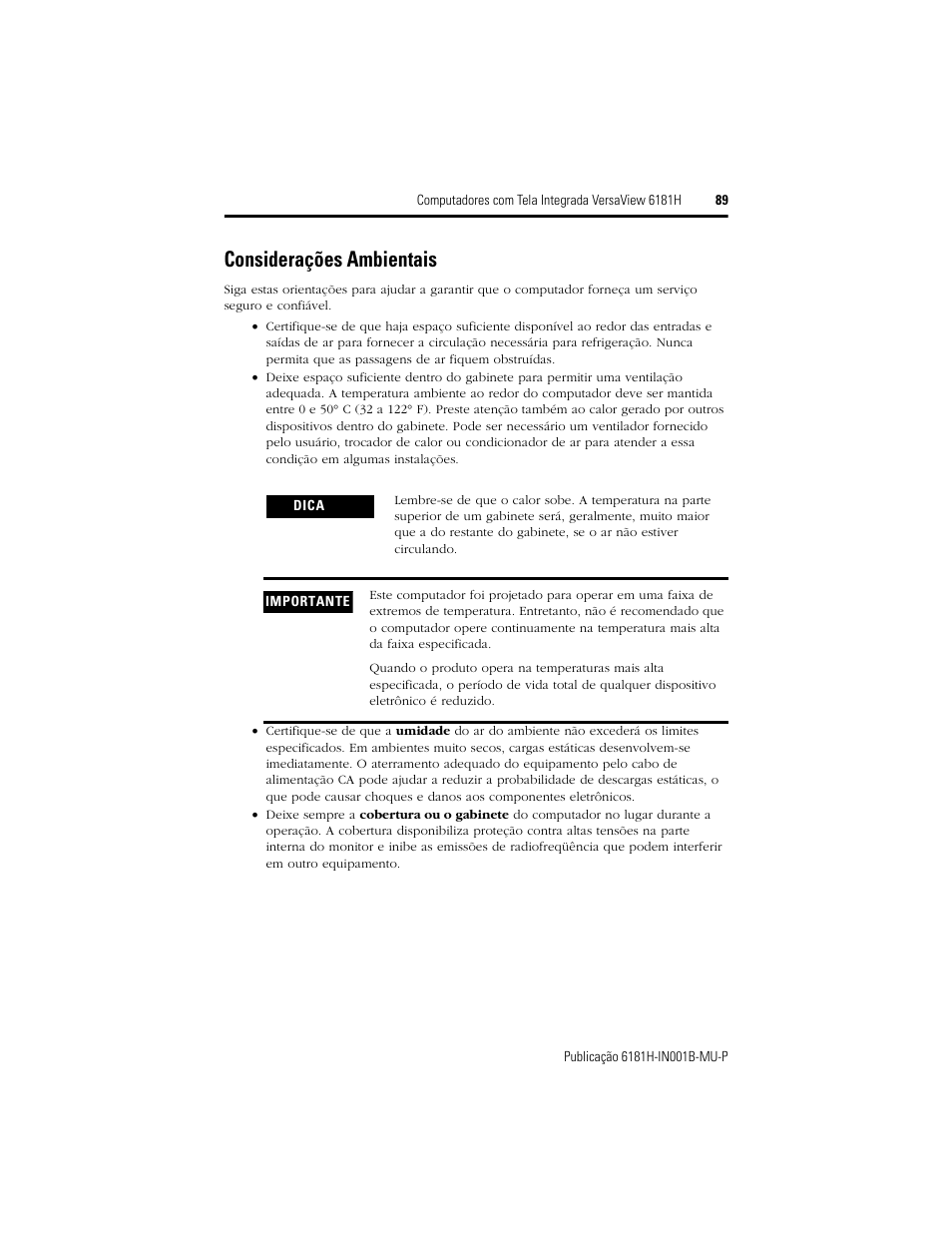Considerações ambientais | Rockwell Automation 6181X-15xxxxxxx VersaView 6181X-IN001B-MU-P User Manual | Page 89 / 104