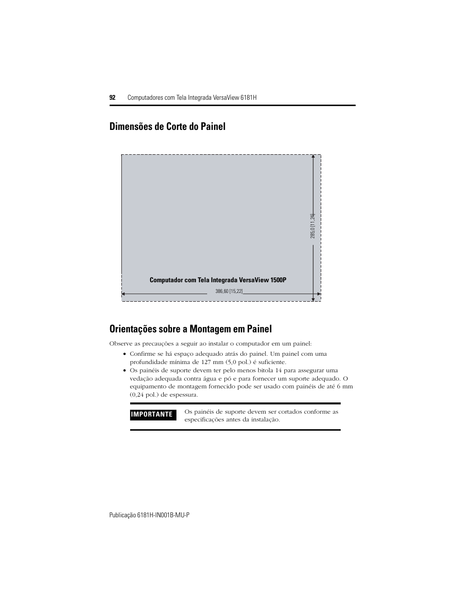 Dimensões de corte do painel, Orientações sobre a montagem em painel | Rockwell Automation 6181X-15xxxxxxx VersaView 6181X-IN001B-MU-P User Manual | Page 92 / 104