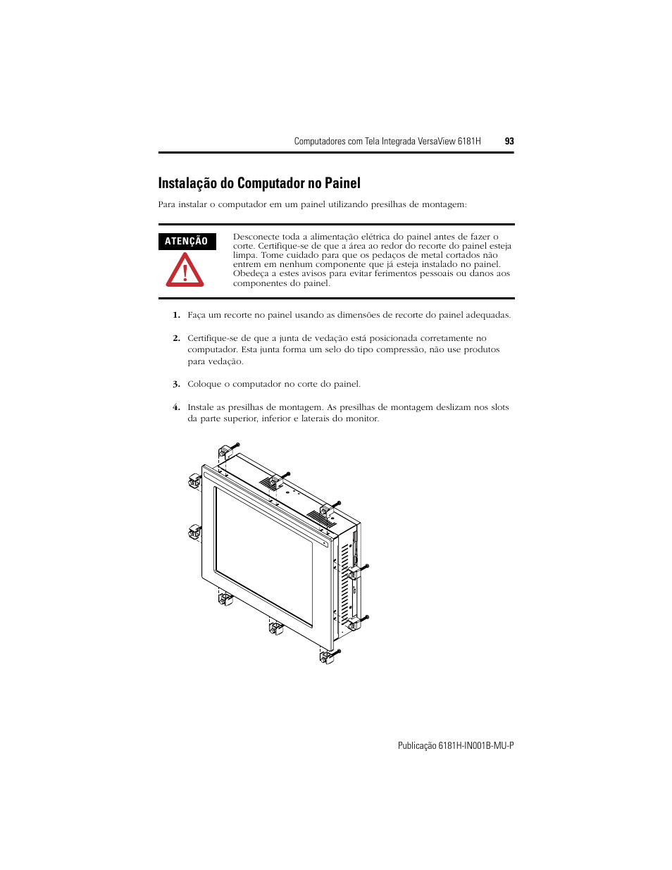 Instalação do computador no painel | Rockwell Automation 6181X-15xxxxxxx VersaView 6181X-IN001B-MU-P User Manual | Page 93 / 104