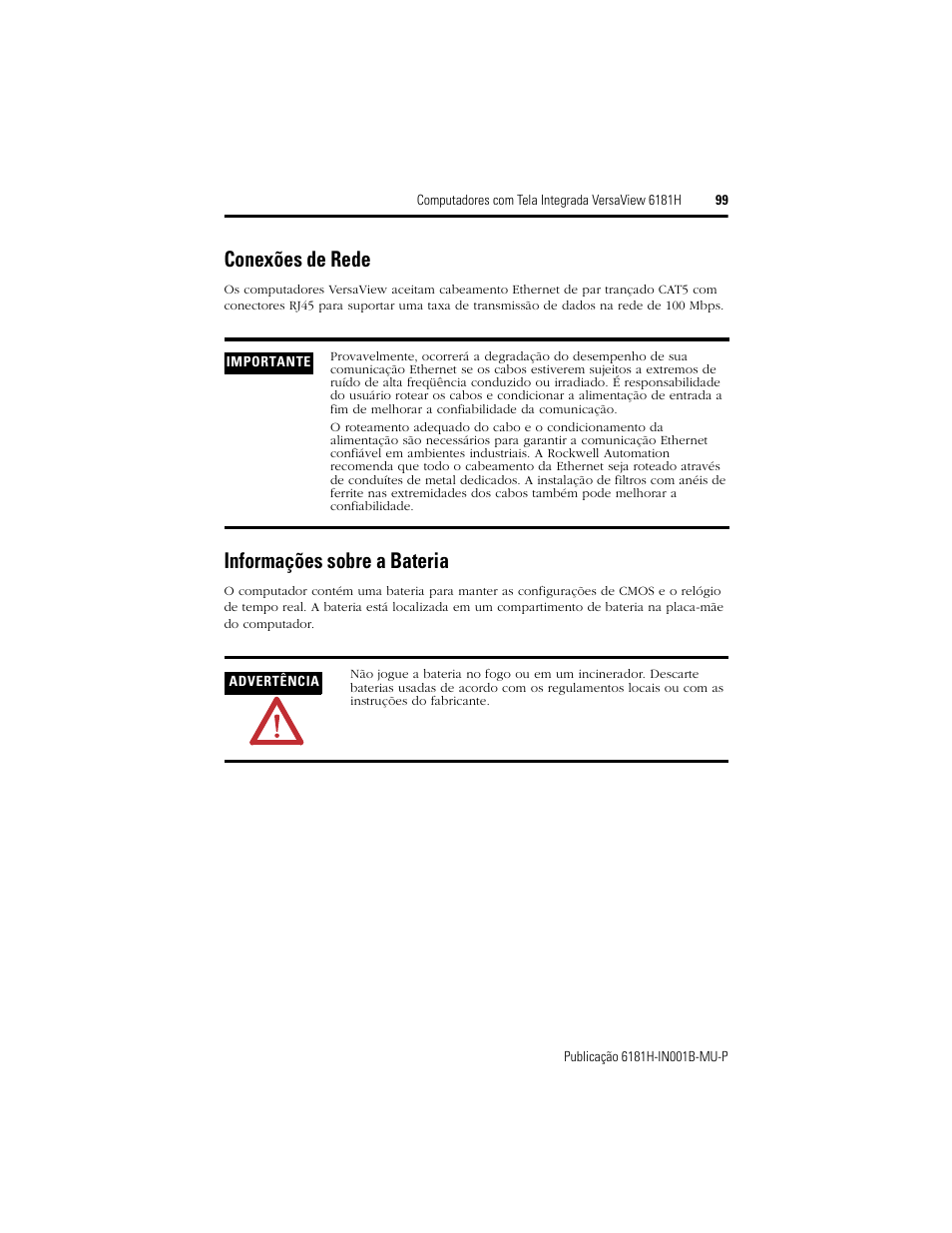 Conexões de rede, Informações sobre a bateria, Conexões de rede informações sobre a bateria | Rockwell Automation 6181X-15xxxxxxx VersaView 6181X-IN001B-MU-P User Manual | Page 99 / 104