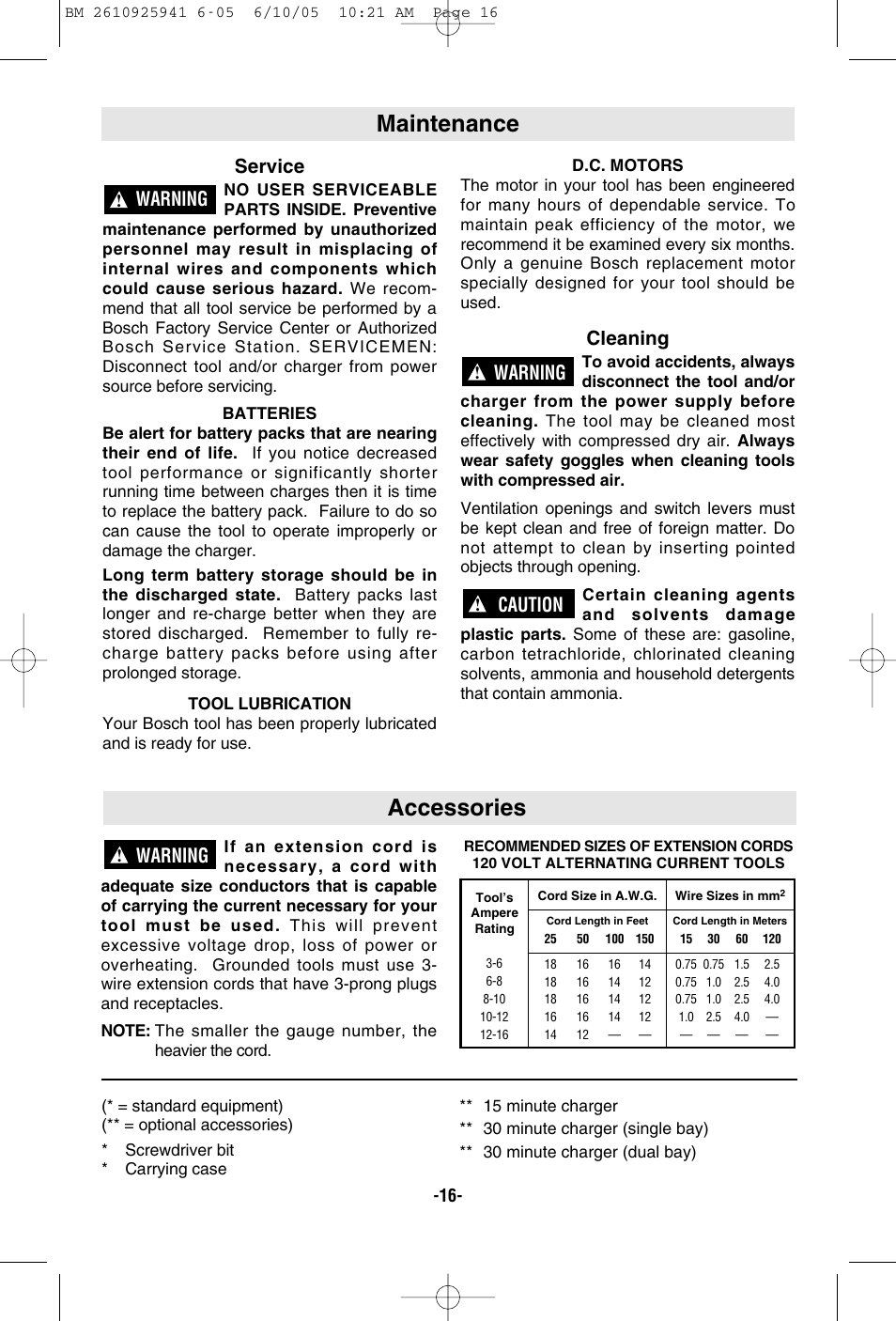 Accessories, Maintenance, Warning | Service, Cleaning, Caution | Bosch 32618 User Manual | Page 16 / 48