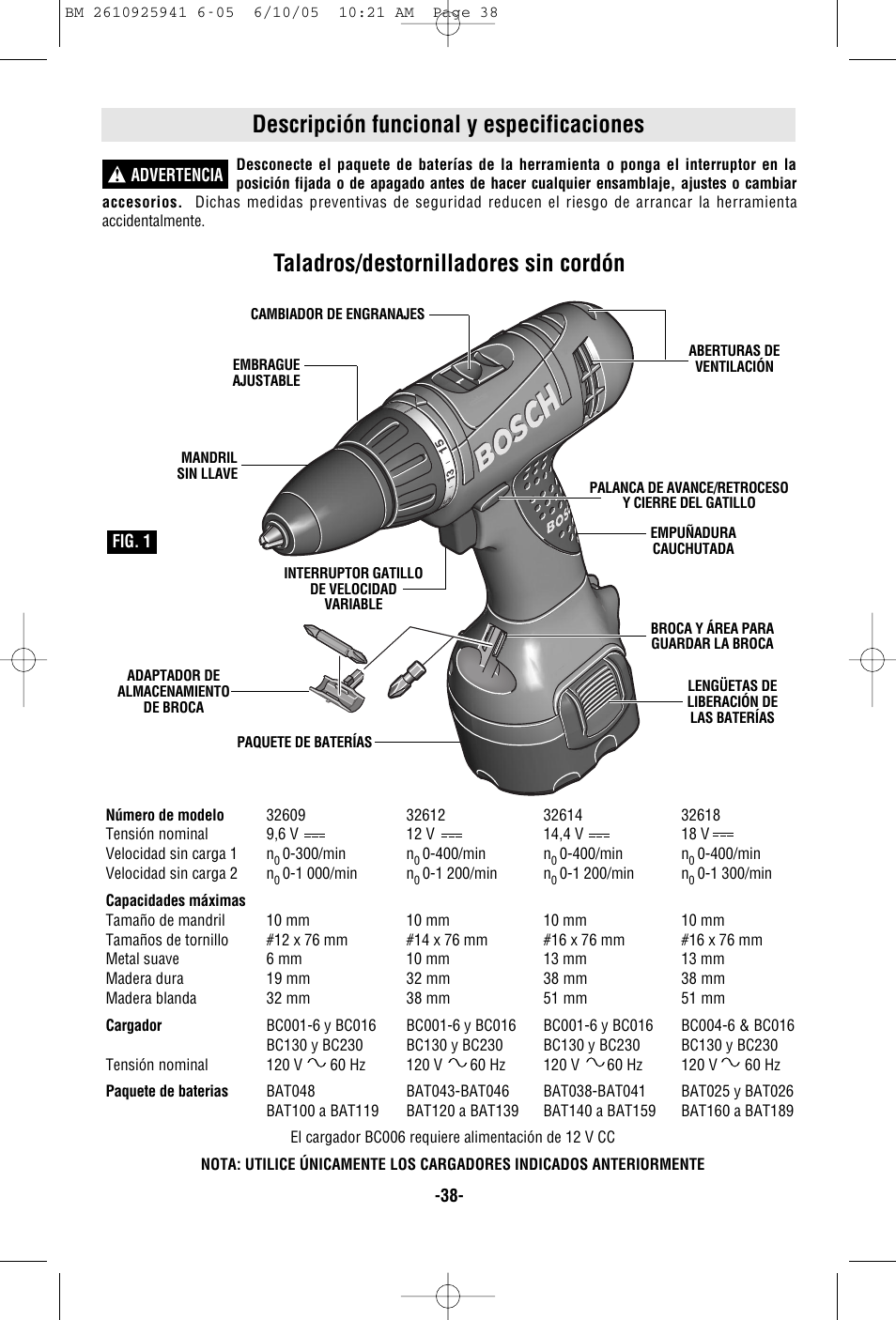 Descripción funcional y especificaciones, Taladros/destornilladores sin cordón | Bosch 32618 User Manual | Page 38 / 48