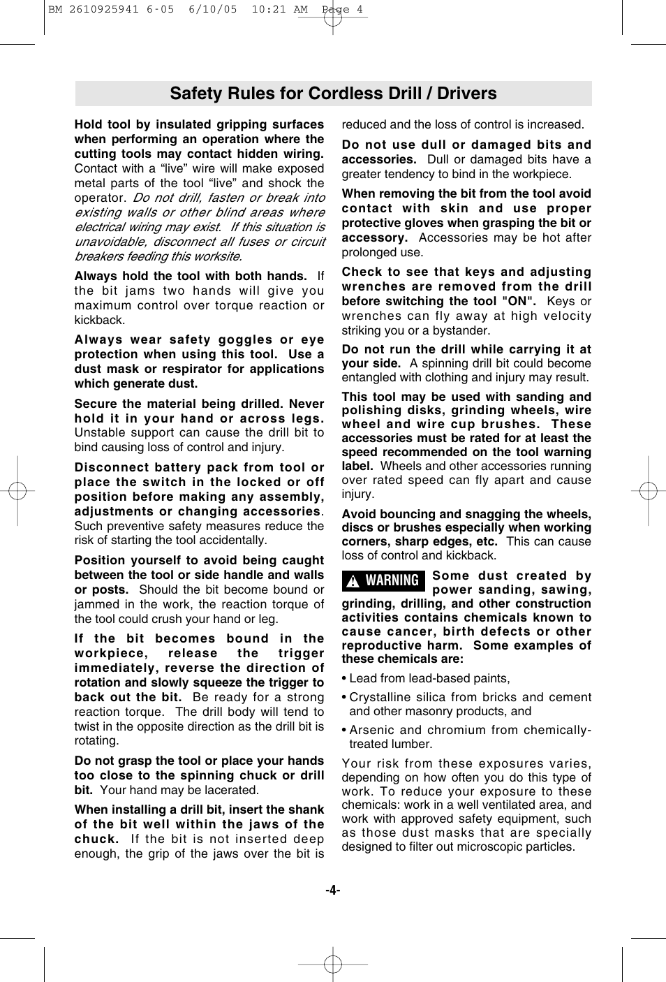 Safety rules for cordless drill / drivers | Bosch 32618 User Manual | Page 4 / 48