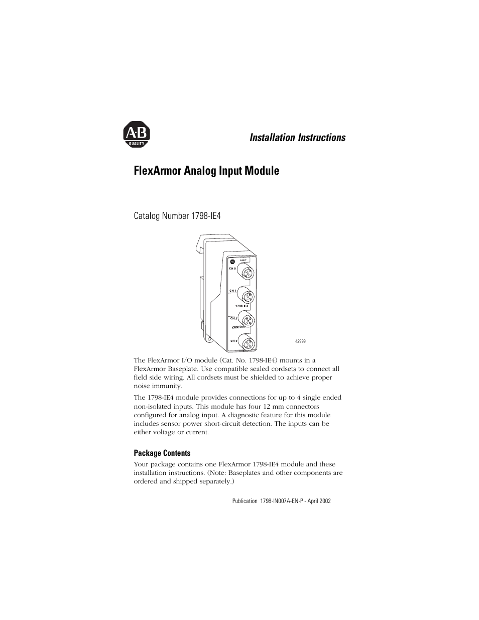 Rockwell Automation 1798-IE4 FlexArmor Analog Input Module User Manual | 8 pages