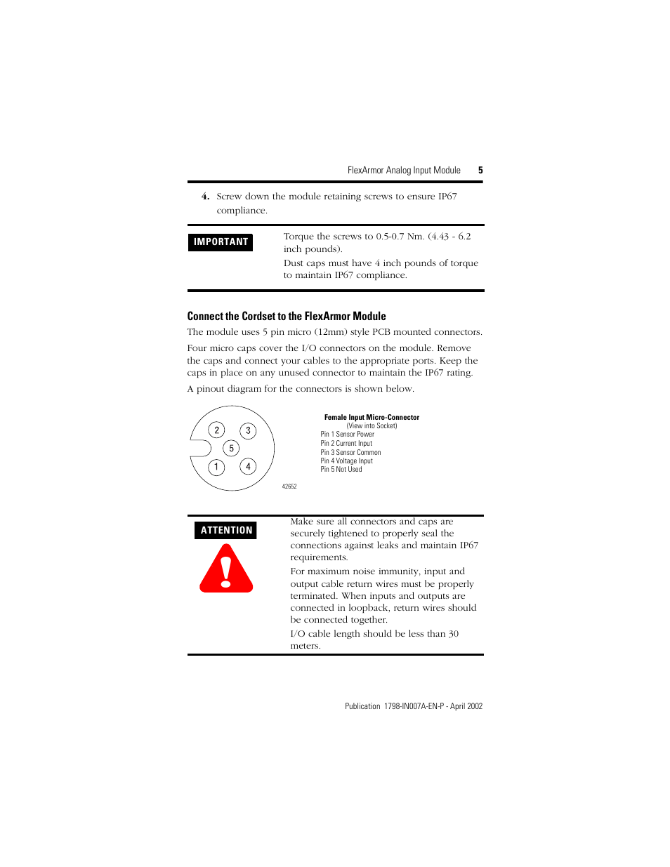Connect the cordset to the flexarmor module | Rockwell Automation 1798-IE4 FlexArmor Analog Input Module User Manual | Page 5 / 8