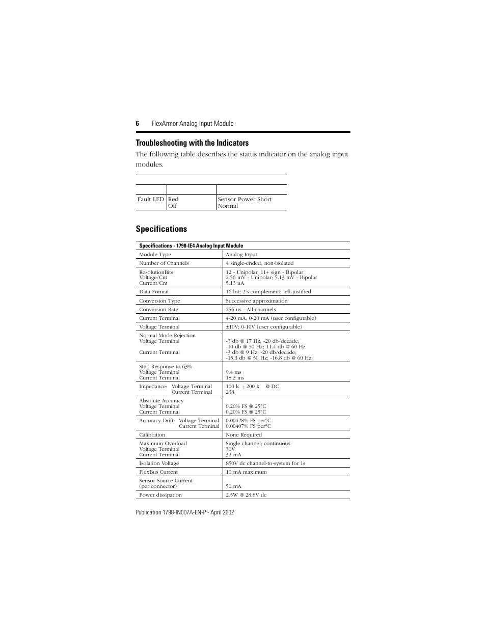 Troubleshooting with the indicators, Specifications | Rockwell Automation 1798-IE4 FlexArmor Analog Input Module User Manual | Page 6 / 8