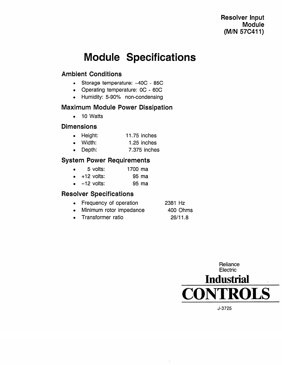 Rockwell Automation 57C411 Module Specs Resolver Input Module User Manual | 2 pages