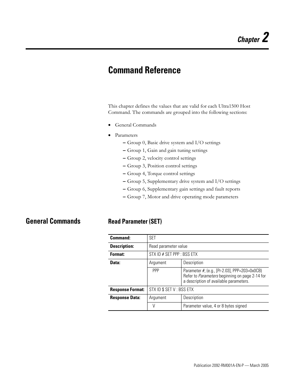 2 - command reference, General commands, Read parameter (set) | Chapter 2, Command reference, General commands -1, Read parameter (set) -1, Chapter | Rockwell Automation 2092-DAx Ultra1500 Host Commands for Serial Communication Reference Manual User Manual | Page 13 / 70