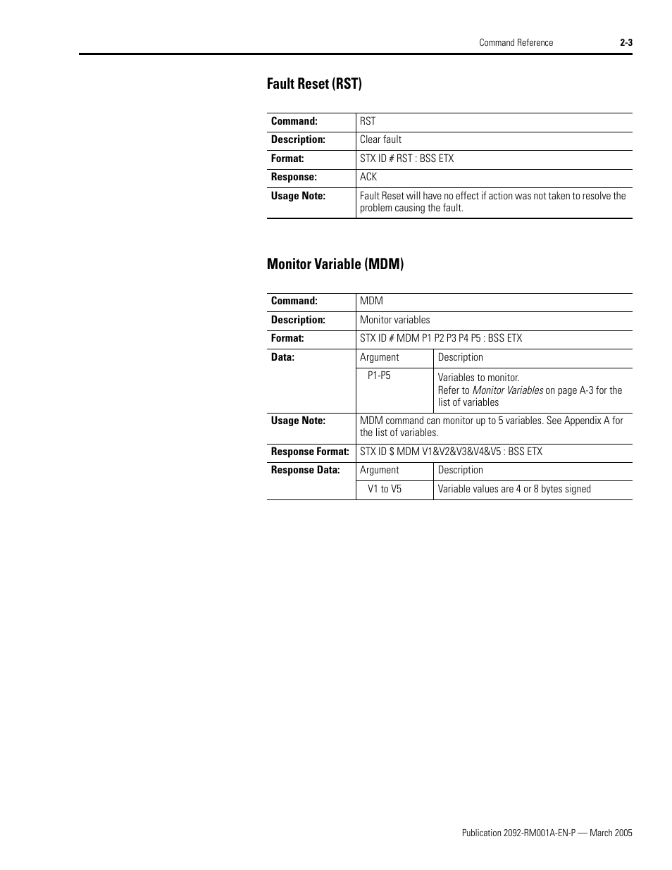 Fault reset (rst), Monitor variable (mdm), Fault reset (rst) -3 monitor variable (mdm) -3 | Fault reset (rst) monitor variable (mdm) | Rockwell Automation 2092-DAx Ultra1500 Host Commands for Serial Communication Reference Manual User Manual | Page 15 / 70