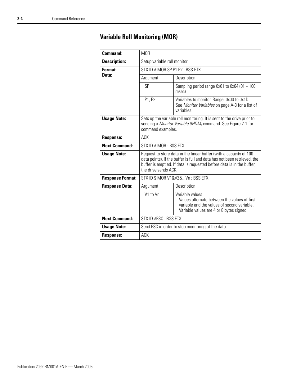Variable roll monitoring (mor), Variable roll monitoring (mor) -4 | Rockwell Automation 2092-DAx Ultra1500 Host Commands for Serial Communication Reference Manual User Manual | Page 16 / 70