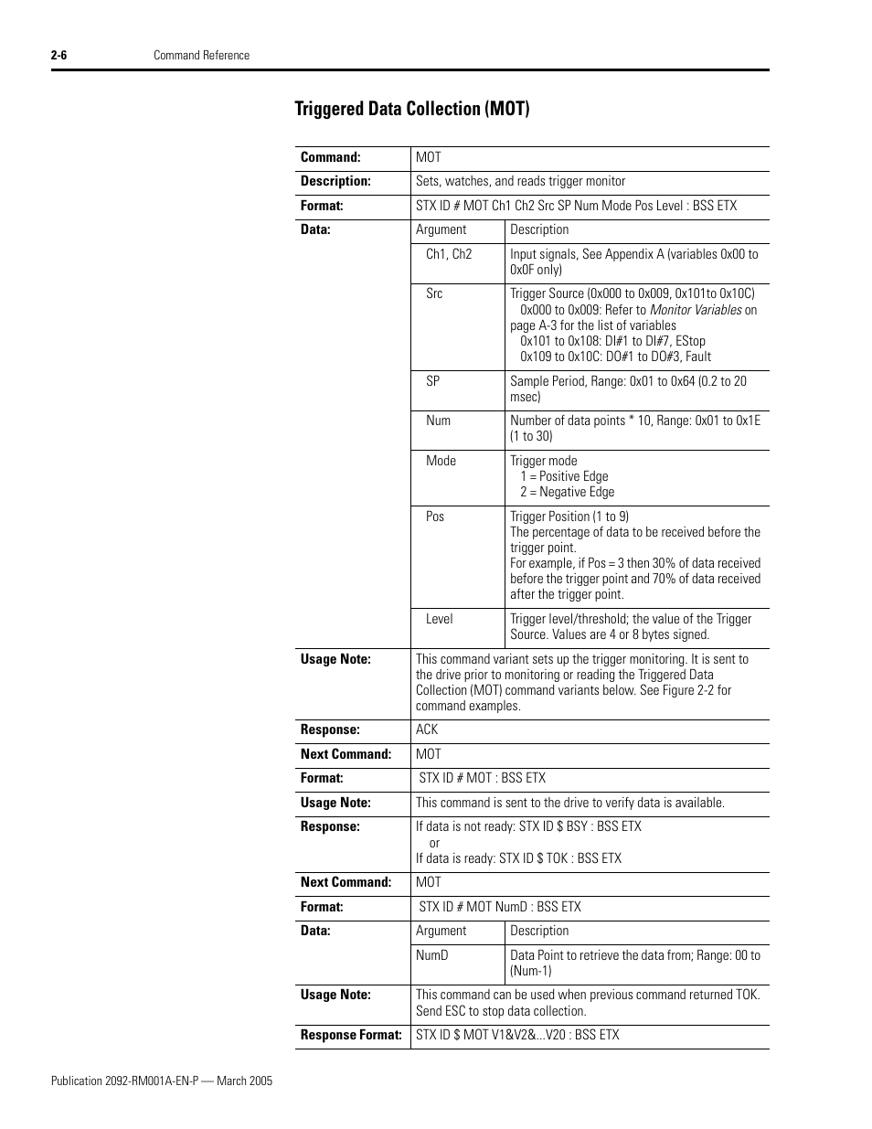 Triggered data collection (mot), Triggered data collection (mot) -6 | Rockwell Automation 2092-DAx Ultra1500 Host Commands for Serial Communication Reference Manual User Manual | Page 18 / 70